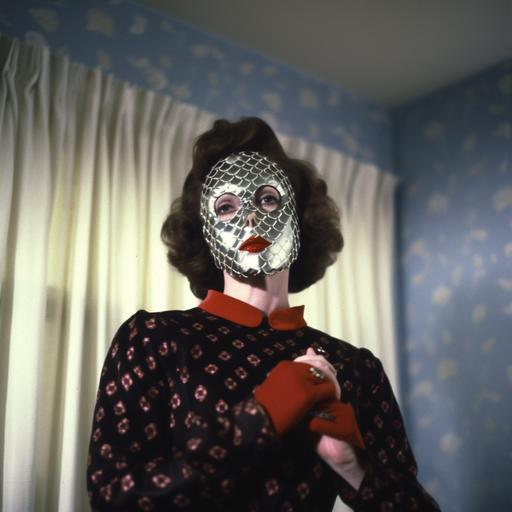 1950s housewife wearing a creepy deformed patent leather and zipper mask in lingerie looking seductive, photographic style of Diane Arbus, Taken with a Holga Camera, Kodachrome Film, f2.8, 110mm, full length