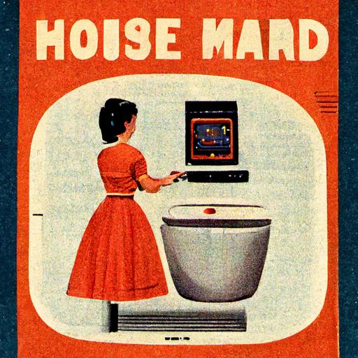 1950s magazine ad, male house maid presenting, dishwash simulator, arcade, video game