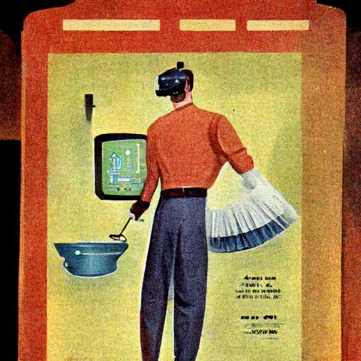 1950s magazine ad, male house maid presenting, dishwash simulator, arcade, video game