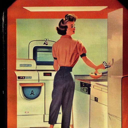 1950s magazine ad, male house maid presenting, dishwash simulator, arcade, video game --test --creative --upbeta