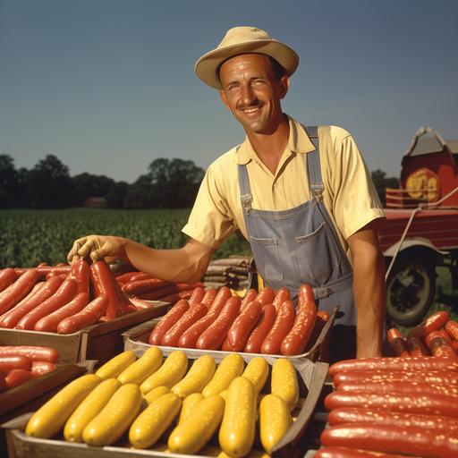 1950s photograph, color, hot dog farm, hot dog farmer, farming hot dog plants, hot dog buns, ketchup, mustard, relish, picking hot dogs from the hot dog fields