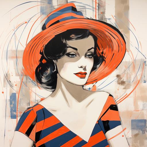 1950's pop art, old Hollywood glamour Miguel G, a stunning retro 1950s woman. Ambient light abstract fine line pencil sketch minimal watercolor color black and white stripes sundress with a dainty polka dots and geometrics orange , red, and navy blue 1950s hat fashion by Dior