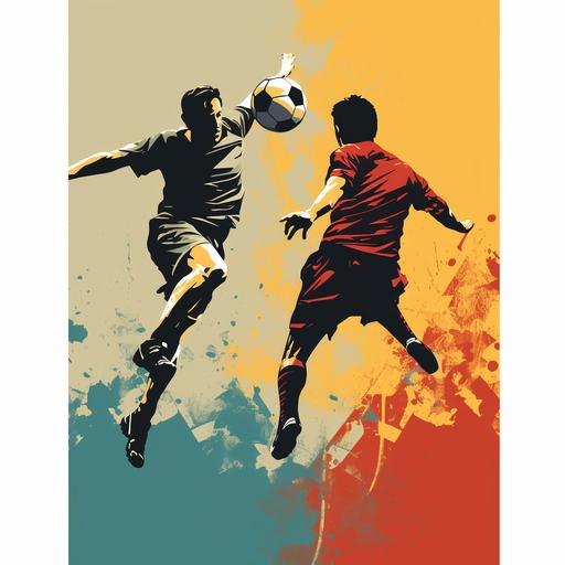 1950s pop art soccer poster in muted colors, two men, whole silhouette fighting for the ball in the air, format poster 50x70cm- version 5.2