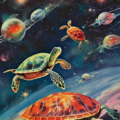 1950s process color magazine cover photo, turtles flying in space