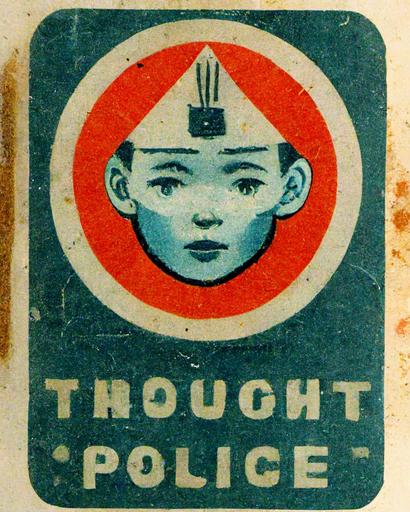 1950s, thought police propaganda sticker, faded colors --ar 3:4