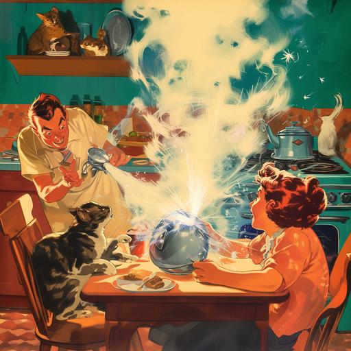 1950s user manual for a home appliance, what to do with too many wizards clustered around a wahing machine emoting sparks and smoke, cat and dog fleeing the room --s 50 --niji 6