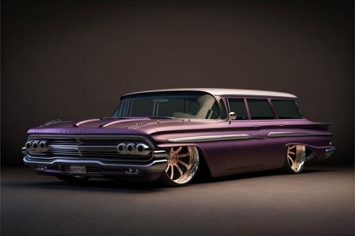 1959 chevy impala wagon covered in purple shagpile carpet, low stance, large rims, stance nation, ring brothers, goblin garage, --v 4 --q 2 --ar 3:2 --no crop, border, frame