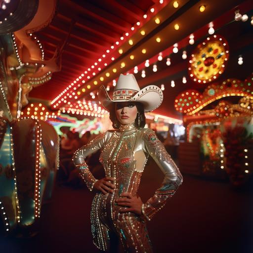 1960s 1970s style retro futurism surrealism soft glow glam vintage - create a new years party scene in El Paso Texas cactus and neon sign casino setup interior design cowboy aesthetic- glitter and jewels - 60s 70s hyper realistic retro photography - film still with direct lighting