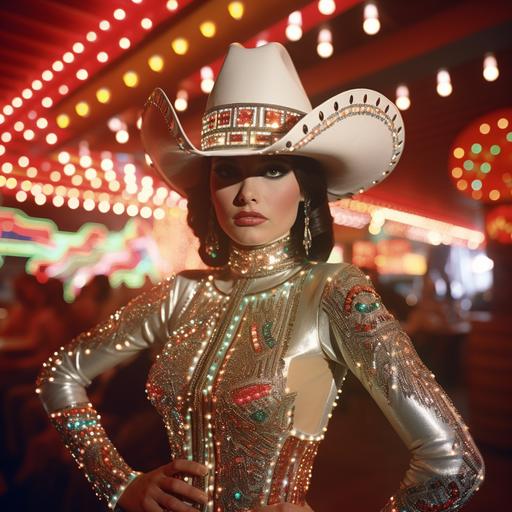 1960s 1970s style retro futurism surrealism soft glow glam vintage - create a new years party scene in El Paso Texas cactus and neon sign casino setup interior design cowboy aesthetic- glitter and jewels - 60s 70s hyper realistic retro photography - film still with direct lighting