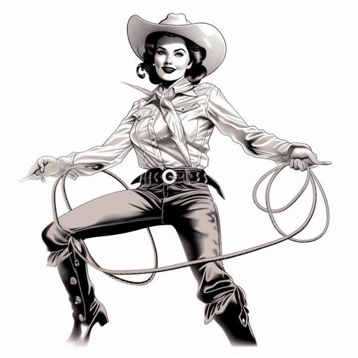 1960s ad art style, cartoon of a cowgirl with a lasso, black and white linework