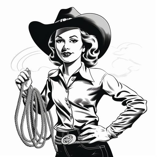1960s ad art style, cartoon of a cowgirl with a lasso, black and white linework