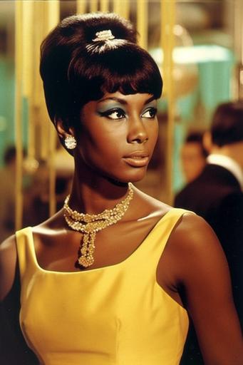 1960's art magazine style, a dark skinned black woman in yellow dress in tiffanys, 1965, breakfast at tiffanys, retrofuturism, james bond, diverse women, 🪞 --ar 2:3 --v 5 --s 750