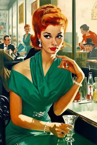 1960's art magazine style, a red headed woman in an emerald green dress in a fancy cafe, 1965, breakfast at tiffanys, retrofuturism, james bond, diverse women, 🪞 --ar 2:3 --v 5 --s 750