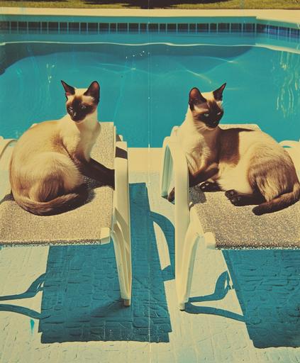 1960s, blue point siamese cats on glittery white lounge chairs by a pool, by louise dahl-wolfe --ar 5:6 --style raw --v 6.0