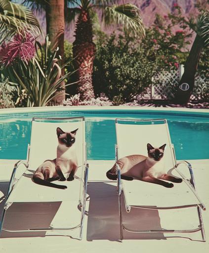 1960s, blue point siamese cats on glittery white lounge chairs by a pool, by louise dahl-wolfe --ar 5:6 --style raw --v 6.0