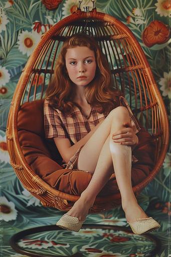 1960s college girl hippie sitting in a hanging egg chair, mid-century modern --ar 2:3 --v 6.0 --s 250