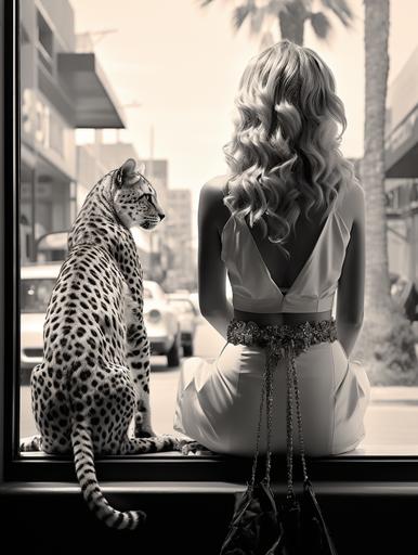 1960s hollywood movie star in the street with her back to camera looking in shop window. She has a cheeta next to her that is on a lead with a studded colar as she is takign the cheeta for a walk as the cheeta is her pet. highly realistic art in black and white, ultra fine detail digital photo art, v5 --ar 3:4 --s 250