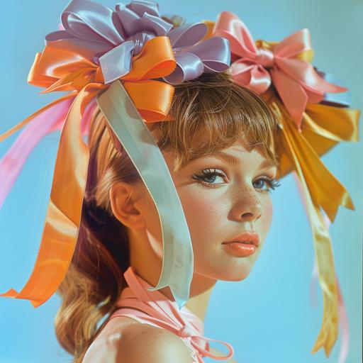 1960s magazine cover photo of a beautiful woman with colorful pastel ribbon bows for hair, ribbon hair, 60s design around the border, full body shot, highly detailed, highly realistic, coverpage, 60s vibes, kitschy, 35mm, technicolor film scene, paramount studio lighting, Kodak aerochrome iii, old film still, old film, whimsical, baroque, romantic, lavish, vivid, narrative driven visuals, elaborate old movie set design, 64k, high quality, bright colors, pastels, saturated, saturated color photo, hazy, film grain, Shot with a Technicolor Camera Model 4, 4:3 aspect ratio, three-strip color film stock, vibrant color, unique and classic look, lit by high-intensity arc lamps and carbon arc lamps, high-intensity arc lamps and carbon arc lamps, prime lenses, cinematic framing, vibrant and saturated colors, color contrasts, lustrous, spectacular, radiant, cinematic, timeless, sumptuous, Fujicolor Superia X - TRA 400, james bidgood style image, --style raw