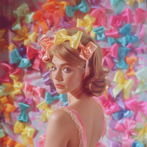 1960s magazine cover photo of a beautiful woman with colorful pastel ribbon bows for hair, ribbon hair, 60s design around the border, full body shot, highly detailed, highly realistic, coverpage, 60s vibes, kitschy, 35mm, technicolor film scene, paramount studio lighting, Kodak aerochrome iii, old film still, old film, whimsical, baroque, romantic, lavish, vivid, narrative driven visuals, elaborate old movie set design, 64k, high quality, bright colors, pastels, saturated, saturated color photo, hazy, film grain, Shot with a Technicolor Camera Model 4, 4:3 aspect ratio, three-strip color film stock, vibrant color, unique and classic look, lit by high-intensity arc lamps and carbon arc lamps, high-intensity arc lamps and carbon arc lamps, prime lenses, cinematic framing, vibrant and saturated colors, color contrasts, lustrous, spectacular, radiant, cinematic, timeless, sumptuous, Fujicolor Superia X - TRA 400, james bidgood style image, --style raw