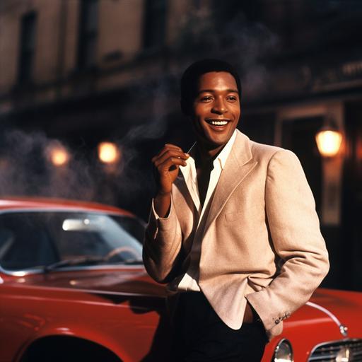 1960s, man standing on corner in city singing in front of red ferrari holding microphone in one hand, smoking cigarette, dof, 35mm lens, natural lighting, uplight, natural features, photorealistic, film grain