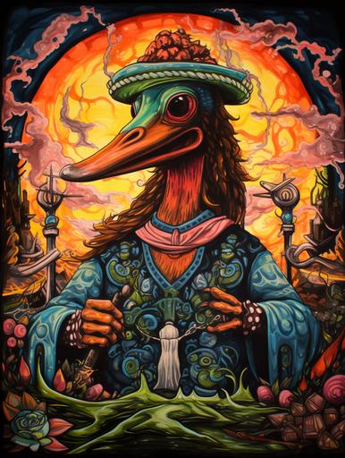 1960s psychedelic dungeons and dragons style drawing of HP Lovecraft as a Anthropomorphic Mallard duck in a cosmic junction of unspeakable horror, whimsical,Muted color tone --ar 3:4 --c 10