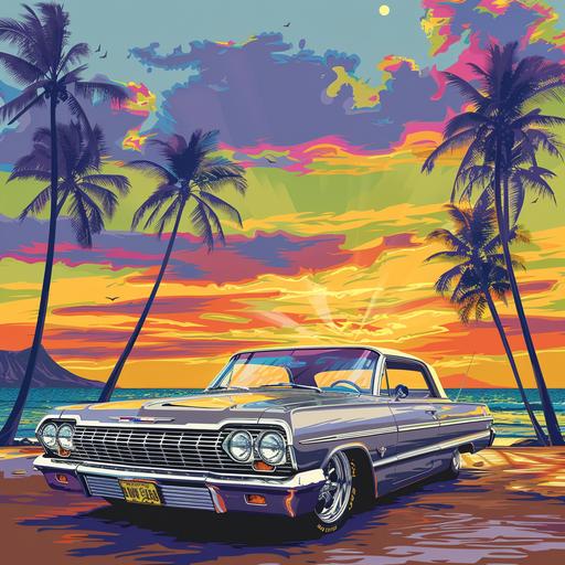 1964 Chevy Impala. In Waikiki Hawaii, CHICANO art style, LOWRIDER, vector art, Cristiano Siqueira, Big rims. --s 250 --v 6.0
