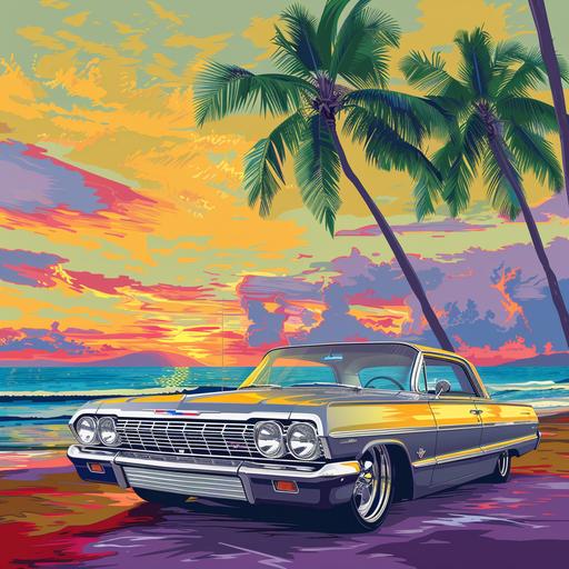1964 Chevy Impala. In Waikiki Hawaii, CHICANO art style, LOWRIDER, vector art, Cristiano Siqueira, Big rims. --s 250 --v 6.0