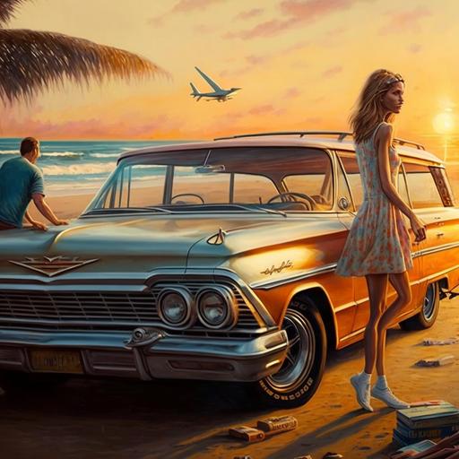 1964 chevy impala wagon, woman in jean shorts grabbing something from trunk, beach people sunset background
