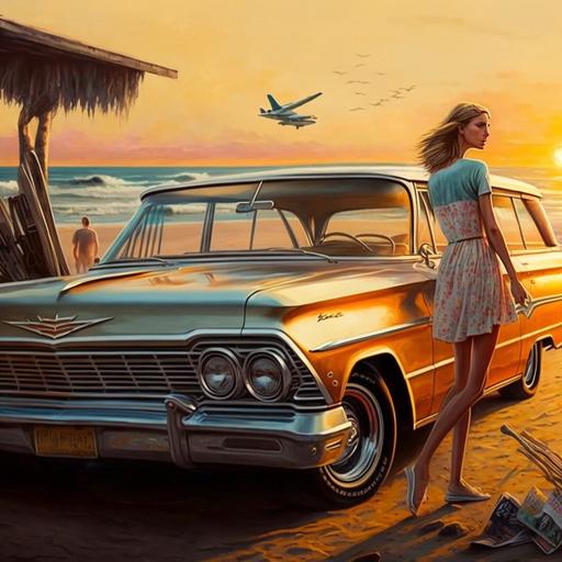 1964 chevy impala wagon, woman in jean shorts grabbing something from trunk, beach people sunset background