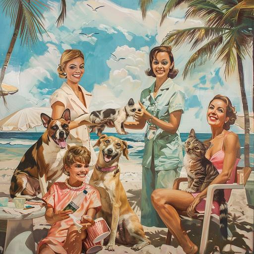 a hair salon hosting a charity event for animal lovers on the beach in miami florida, fine tune faces, fine tune hands, fine tune body, they are dressed in tropical colors, use warm neutrals for overcast, add dogs and cats, fine tune dog and cats, sharpness in the image
