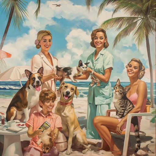 a hair salon hosting a charity event for animal lovers on the beach in miami florida, fine tune faces, fine tune hands, fine tune body, they are dressed in tropical colors, use warm neutrals for overcast, add dogs and cats, fine tune dog and cats, sharpness in the image --v 6.0