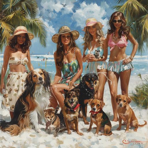 a hair salon hosting a charity event for animal lovers on the beach in miami florida, fine tune faces, fine tune hands, fine tune body, they are dressed in tropical colors, use warm neutrals for overcast, add dogs and cats, fine tune dog and cats, sharpness in the image