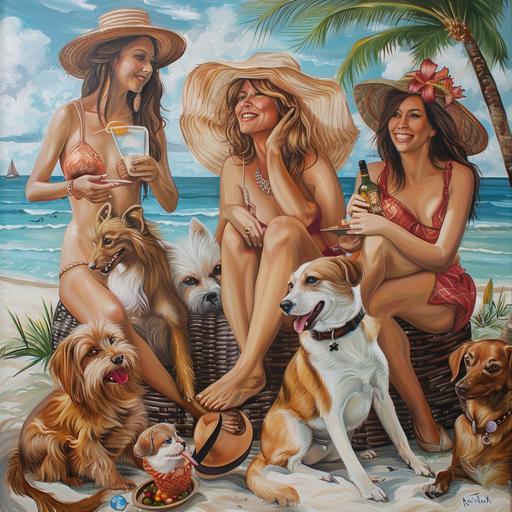 a hair salon hosting a charity event for animal lovers on the beach in miami florida, fine tune faces, fine tune hands, fine tune body, they are dressed in tropical colors, use warm neutrals for overcast, add dogs and cats, fine tune dog and cats, sharpness in the image, having fun, coral gables, parks