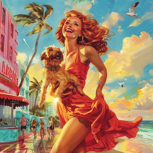 animals, dogs, cats, birds, fine tunes faces, running around happy, miami beach, hair salon on boardwalk, people with beautiful hair, sunny sky, sunset, art deco, people with beautiful hair, poster for charity event