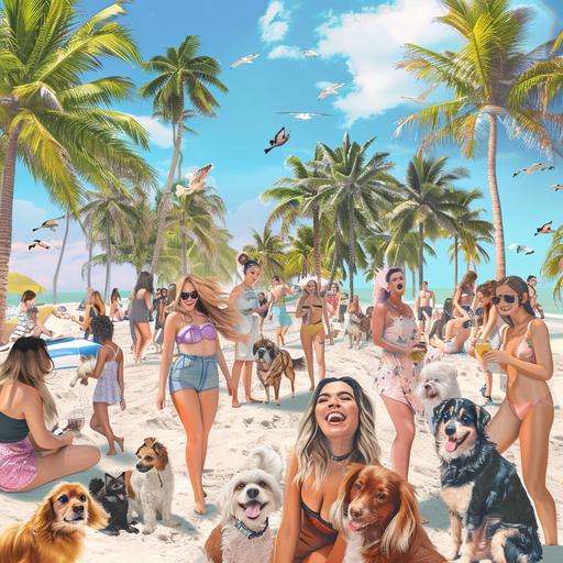 realistic photo in miami beach florida, add palm trees, people playing outside with fostered animals that include: dogs, cats, birds, and bunnies. make sure their hair looks amazing and everyone has great hair styles and different hair styles, long hair, short hair, it is day time, the year is 2024, it is for animal charity event, make everyone cheerful with cocktails, use neautral tones, make it ethereal, fine tune faces