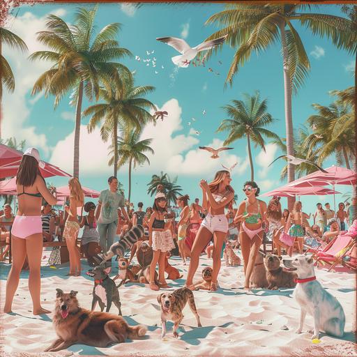 realistic photo in miami beach florida, add palm trees, people playing outside with fostered animals that include: dogs, cats, birds, and bunnies. make sure their hair looks amazing and everyone has great hair styles and different hair styles, long hair, short hair, it is day time, the year is 2024, it is for animal charity event, make everyone cheerful with cocktails, use neautral tones, make it ethereal