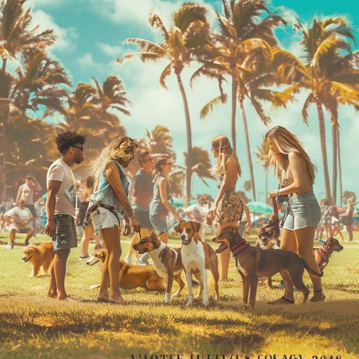 realistic photo in miami beach florida, add palm trees, diverse people playing outside with fostered animals that include: dogs, cats, birds, and bunnies. make sure their hair looks amazing and everyone has great hair styles and different hair styles, it is day time, the year is 2024, it is for animal charity event, make sure the flyer says animal lovers rescue X Beautehaus on the bottom,