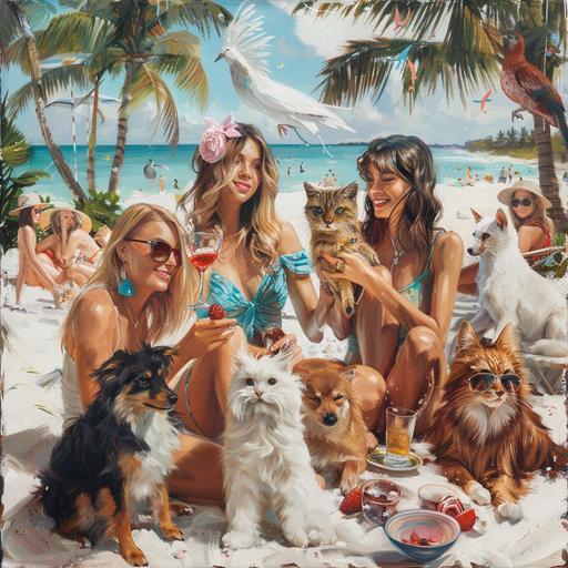 realistic photo in miami beach florida, add palm trees, people playing outside with fostered animals that include: dogs, cats, birds, and bunnies. make sure their hair looks amazing and everyone has great hair styles and different hair styles, long hair, short hair, it is day time, the year is 2024, it is for animal charity event, make everyone cheerful with cocktails, use neautral tones, make it ethereal, fine tune faces