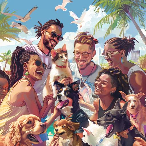 realistic photo in miami beach florida, add palm trees, diverse people playing outside with fostered animals that include: dogs, cats, birds, and bunnies. make sure their hair looks amazing and everyone has great hair styles and different hair styles, it is day time, the year is 2024, it is for animal charity event, make sure the flyer says animal lovers rescue X Beautehaus on the bottom,