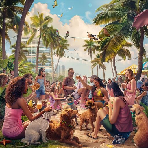 realistic photo in miami beach florida, add palm trees, people playing outside with fostered animals that include: dogs, cats, birds, and bunnies. make sure their hair looks amazing and everyone has great hair styles and different hair styles, long hair, short hair, it is day time, the year is 2024, it is for animal charity event, make everyone cheerful with cocktails, use neautral tones, make it ethereal, not so many people