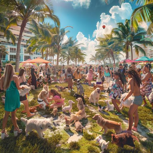 realistic photo in miami beach florida, add palm trees, people playing outside with fostered animals that include: dogs, cats, birds, and bunnies. make sure their hair looks amazing and everyone has great hair styles and different hair styles, long hair, short hair, it is day time, the year is 2024, it is for animal charity event, make everyone cheerful with cocktails, use neautral tones, make it ethereal