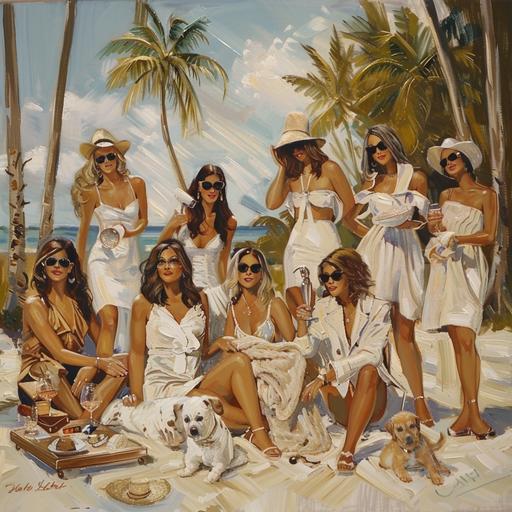 similar but not the same- women from housewives of miami, supporting a animal charity called animal lovers, theyre on the beach in designer clothing, there are palm trees, it is sunny, use art deco colors, and warm neutrals, add a blow dryer somewhere in the image, add a pair of scissors somewhere in the image, do not add a lot of people, and some people up close to the camera, make it fun, and happy,