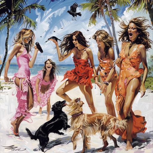 women from housewives of miami, having fun, jumping, petting dogs, petting cats, birds, supporting a animal charity called animal lovers, theyre on the beach in designer clothing, there are palm trees, it is sunny, use art deco colors, pink, orange, neutrals, add a blow dryer, salon pair of scissors, do not add a lot of people, and some people up close to the camera, make it fun, paw prints