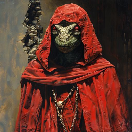 1970 dark fantasy art, book cover art, dungeons and dragons art, robed cultist, red robes with hood, lizard scale face, red eyes