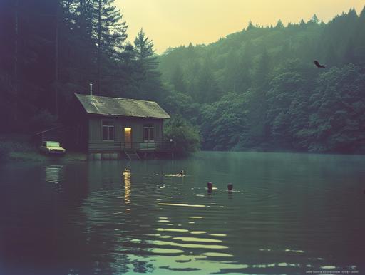 1970s Kodak Ektachrome ultra wide shot of two persons swimming in a serene lake. In the center is the lake with motionless water. In the middle of the lake and a bit to the right are two persons swimming. In the background is a one-story wooden lake house with its front porch light on. To the left of the lake house is a 2000 ford mustang driven into the lake. The car's front is in the lake and the car's back is tilted up. On the roof of the lake house are a black crow and a white raven looking at the two persons swimming. Behind the lake house is a dense pine tree forest. It's dawn and misty. In the style of dark documentary film with yellow and green hue. --v 6.0 --style raw --ar 4:3