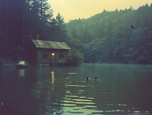 1970s Kodak Ektachrome ultra wide shot of two persons swimming in a serene lake. In the center is the lake with motionless water. In the middle of the lake and a bit to the right are two persons swimming. In the background is a one-story wooden lake house with its front porch light on. To the left of the lake house is a 2000 ford mustang half inside the lake and half outside the lake. In the bottom left is a tree branch coming from under the lake. On top of the branch are one black crow and one white raven scratching themselves. Behind the lake house is a dense pine tree forest. It's dawn and misty. In the style of dark documentary film with yellow and green hue. --v 6.0 --style raw --ar 4:3
