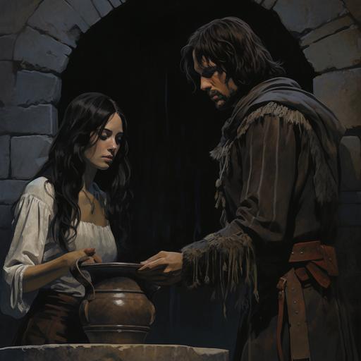 1970's dark fantasy woman with dark hair holding a pail of water by a stone well with a man outside