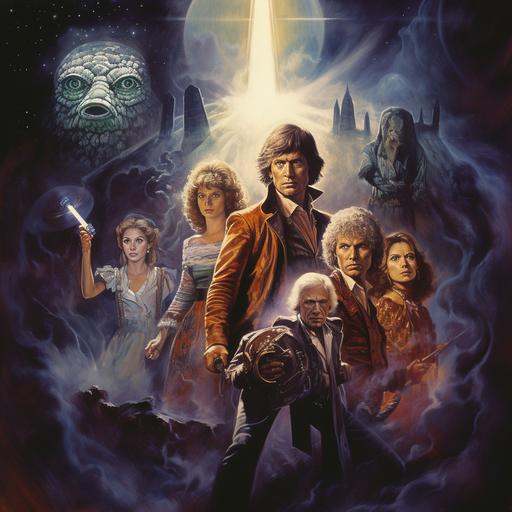 1970s era dark fantasy, dungeons and dragons cover art. Doctor Who