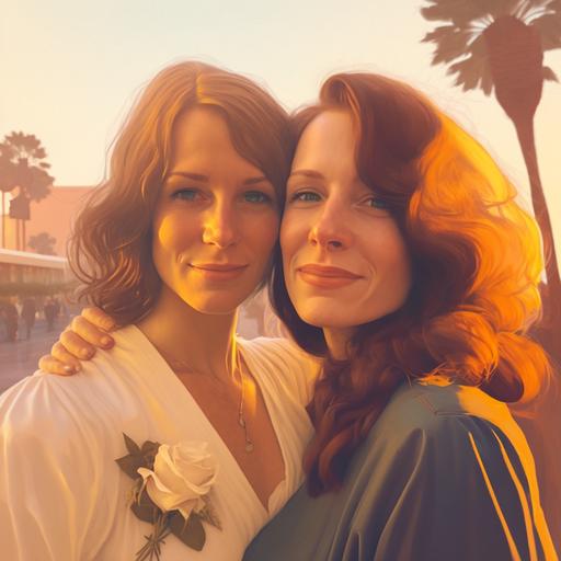 1970s inspired, lesbian couple, romantic, soft --v 4