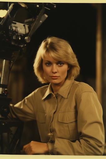 1970s polaroid paper photo of women short haired blonde creative character directing a movie at a movie set, movie set with cameras and set designs in the background, --ar 2:3